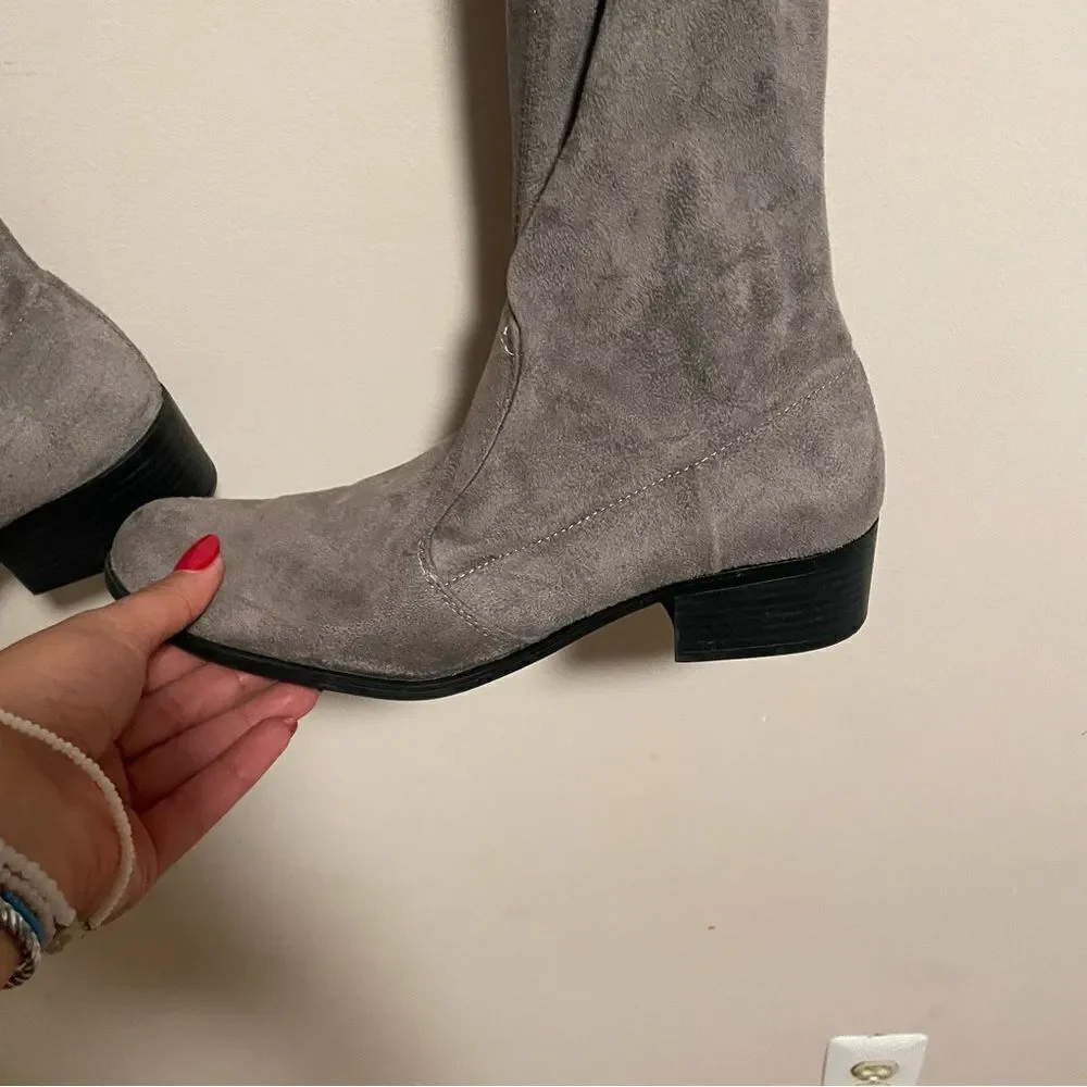 Over the Knee Suede Block Heel Boots in Gray- Size 9